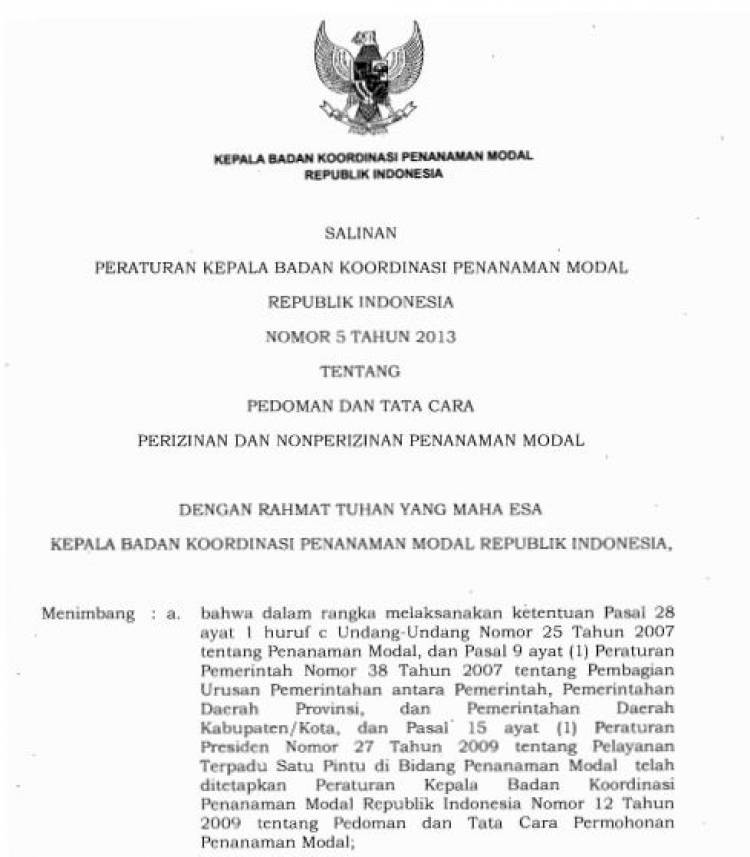 Perka BKPM no.5 Edit 2013-1 Tentang Pedoman Dan Tata Cara Perizinan Dan Nonperizinan Penanaman Modal
