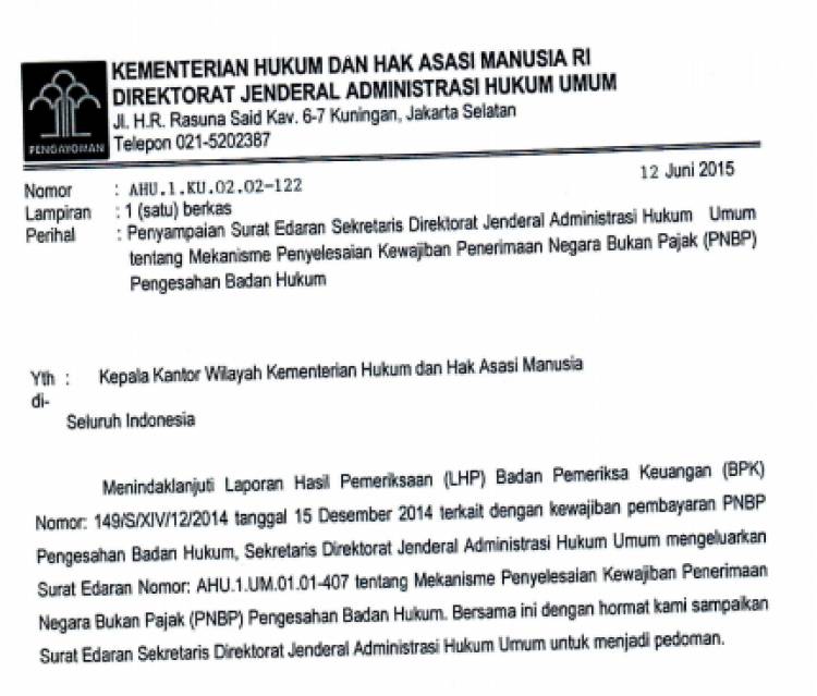 Surat Edaran Sekretaris Dirjen AHU Tentang Mekanisme PNBP Pengesahan Badan Hukum