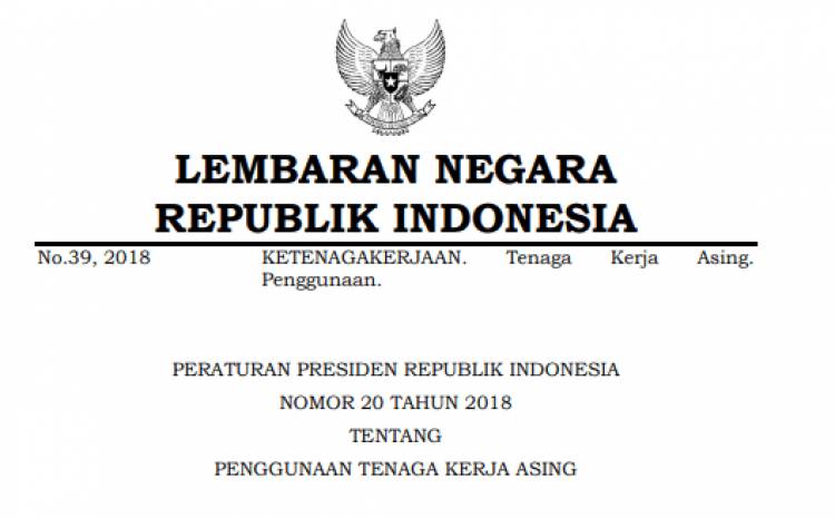 PERATURAN PRESIDEN REPUBLIK INDONESIA NOMOR 20 TAHUN 2018 TENTANG PENGGUNAAN TENAGA KERJA ASING